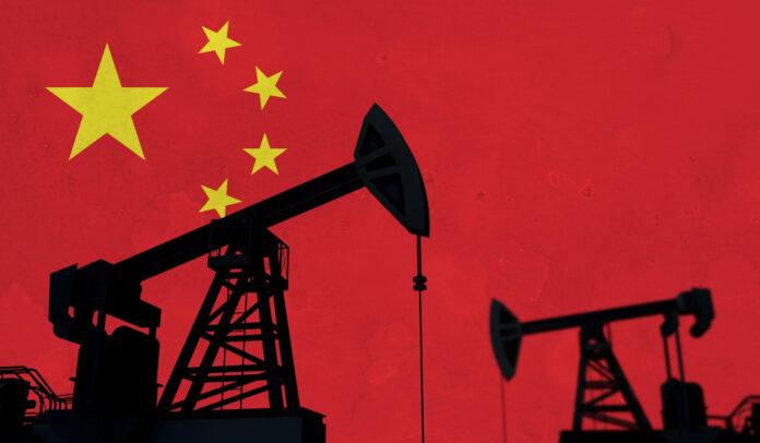 oil-gas-industry-background-oil-pump-silhouette-against-china-flag-d-rendering