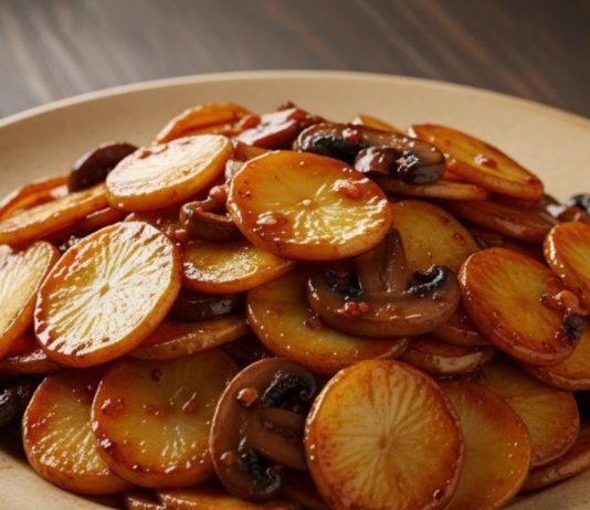 Papas crujientes con champiñones al ajo, limón y hierbas