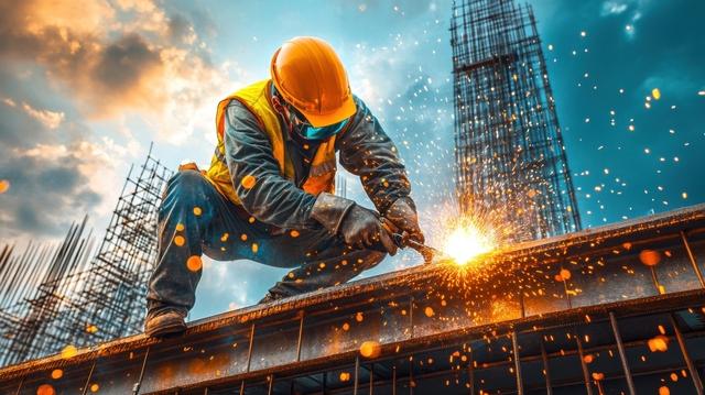 Construction worker welding steel beams high above ground. Bright sparks fly on building site with clouds and unfinished skyscraper background.