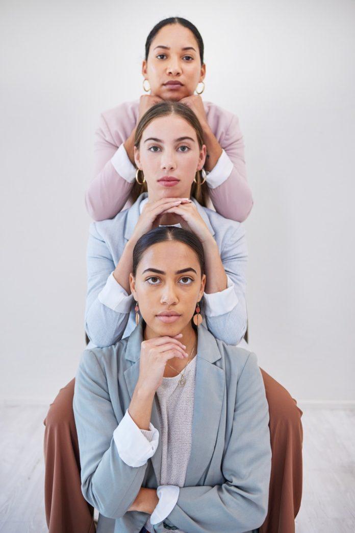 Row, startup and portrait of business women in office for empowerment, teamwork and collaboration. Corporate, support and line of people in workplace for company leadership, career and opportunity
