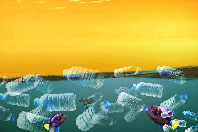 The concept of plastic waste in the sea. plastic bottles floating in the sea